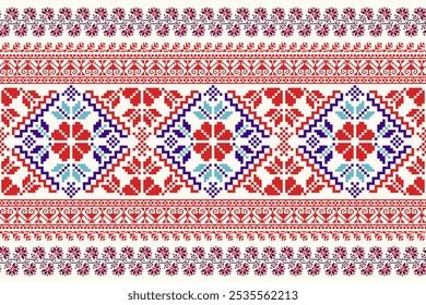 Floral tradicional ucraniano ponto cruz bordado pixel Geometric padrão étnico. Romeno, Vyshyvanka, estilo de ornamento eslavo.Vetor detalhado para borda,bordado decote,design decote,têxtil