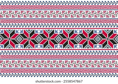 Floral traditional Ukrainian cross-stitch Embroidery pixel Geometric ethnic pattern. Romanian, Vyshyvanka, Slavic ornament style.Detailed Vector for border,neckline embroidery,neckline design,textile.