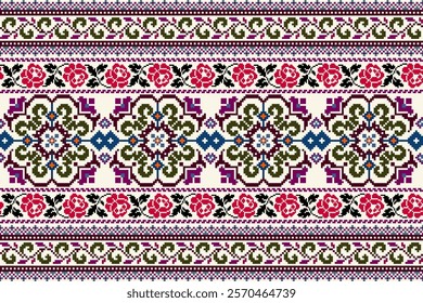 Floral traditional Ukrainian cross-stitch Embroidery pixel Geometric ethnic pattern. Romanian, Vyshyvanka, Slavic ornament style.Detailed Vector for border,neckline embroidery,neckline design,textile.