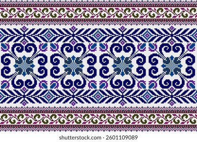 Floral traditional Ukrainian cross-stitch Embroidery pixel Geometric ethnic pattern. Romanian, Vyshyvanka, Slavic ornament style.Detailed Vector for border,neckline embroidery,neckline design,textile.