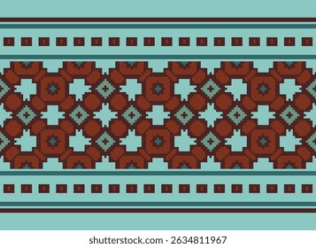 Floral traditional Ukrainian cross-stitch Embroidery pixel Geometric ethnic pattern. Romanian, Vyshyvanka, Slavic ornament style.Detailed Vector for border,neckline embroidery,neckline design,textile.