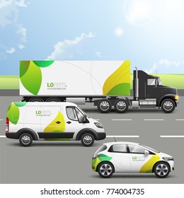 Floral transport advertising design with green leaves. Templates of the truck, bus and passenger car. Corporate identity