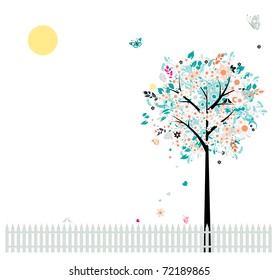Floral tree beautiful for your design, birds on fence