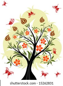 Floral tree with butterfly, element for design, vector illustration