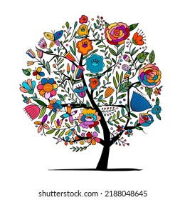 Floral tree concept isolated on white. Art for your design, business cards, banners, decor etc