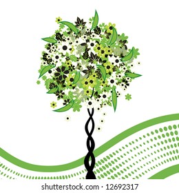 Floral tree green on background wave