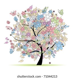 Floral tree in pastel colors for your design, spring