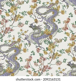 Floral Trees with Asian China Dragon Seamless Pattern, Oriental Blooming Flowers Chinoiserie Print, Yellow Wildlife Design