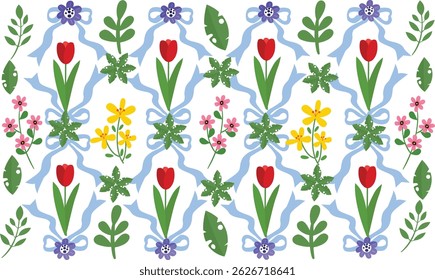 Enrejado floral sin patrón con lazos y cintas. Preppy primavera verano dibujado a mano flores. Botánico elegante estampado de moda. Diseño de Antiguas para tela, Fondo de pantalla o papel de regalo.