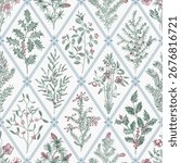 Floral trellis. Seamless vector pattern. Winter flora. Green, blue and red.