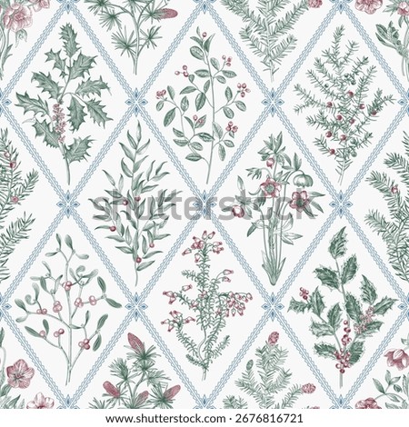 Floral trellis. Seamless vector pattern. Winter flora. Green, blue and red.
