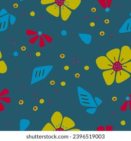 Floral trendy creative universal seamless pattern. Blue background. Hand drawn Scandinavian design. Poster, card, banner, invitation, cover, brochure. Vector illustration.