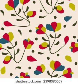 Blumenmodisch, kreatives, universelles, nahtloses Muster. Handgezeichnetes skandinavisches Design. Poster, Karte, Banner, Einladung, Cover, Broschüre. Vektorgrafik.