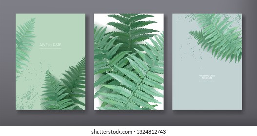 Floral trendy greeting or invitation card template design, set of poster, flyer, brochure, cover, party advertisement, dark green fern leaves in vector