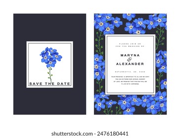 Floral trendy greeting or invitation design template with blue forget-me-nots. Realistic style with high detail. Set of poster, postcard, brochure, cover, party advertisement.