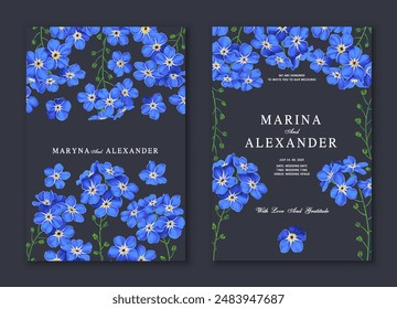 Floral trendy greeting or invitation design template with blue forget-me-nots. Fragile plants in a realistic style with high detail. Set of poster, postcard, brochure, cover, party advertisement.