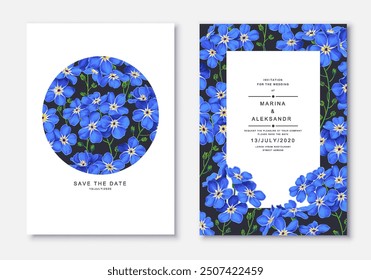 Plantilla de diseño floral de moda de saludo o invitación con flores azules. Olvídate de mí-nots en estilo realista con alto detalle. Conjunto de cartel, postal, folleto, cubierta, publicidad, redes de Plantilla 