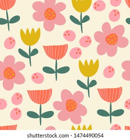 floral trendy seamless pattern. cute flowers scandinavian style print. vector happy illustration background. textile and stationery design.