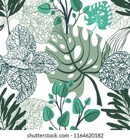 floral trendy seamless pattern of tropical leaves, vector illustration