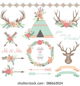 Floral Tribal collections.Floral Antlers,Teepee Tents,Wedding floral,Arrow,Wreath,Wedding Invitation.