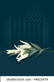 Floral tribute. Pure white lilies laid against a subtle patriotic background.