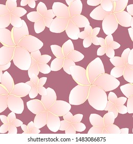  Floral tropic desin seamless pattern. Pink frangipani flowers on purple background.Textile design, wallpaper, fabric print. Vector illustration Eps8