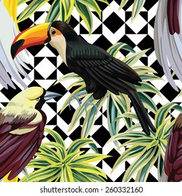 Floral tropic jungle plants with fashion birds toucan and parrot with green leaves. Flower tree wallpaper vector seamless pattern on black and white geometric background