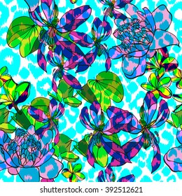 Floral tropical background with pink flowers on a leopard background. Hand drawn floral illustration of blossom flowers and plants.