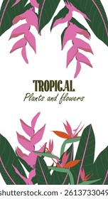 Floral tropical border frame with exotic Heliconia and Strelitzia. Vertical layout with space for message for banner designs, seasonal promo, social media stories or web ad. Trendy vector illustration