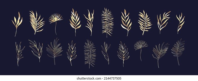 Floral tropical branch of palm in silhouette and line style. Hand drawn elegant exotic leaves for invitation save the date card design. Botanical trendy greenery