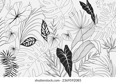 Floral tropical branch of palm in silhouette and line style. Hand drawn elegant exotic leaves for invitation save the date card design. Botanical trendy greenery