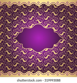 Floral tropical card or invitation with empty frame for text. Indian Arabian oriental background in gold and purple colors. Vector