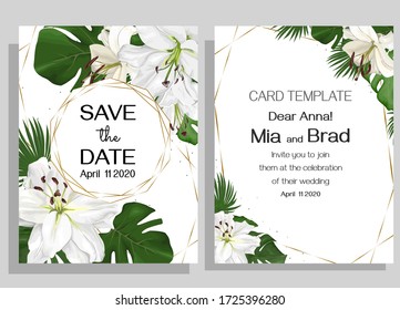 Floral tropical design for your holiday. White lilies flowers, tropical leaves, palm trees, monstera, golden frame. Template for a wedding invitation.