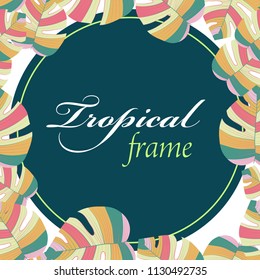 Floral tropical exotic background. Design for banner,poster or wedding invitation template. Cool decorative nature summer illustration with leafs frame. Cute template for sale or vacation flyer
