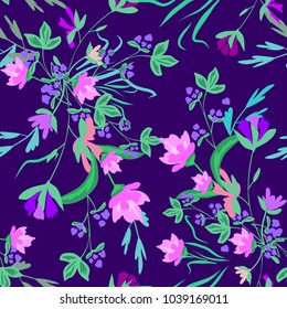 Floral Tropical Flowers and Leaves background in neon colors, bright print for textile, cloth, wallpaper, scrapbooking, wrapping. Vector seamless pattern
