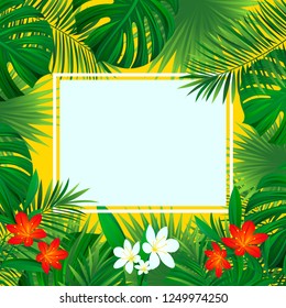 Floral tropical frame. Flowers vector illustration. background with jungle plants, palms leaves. beautiful tropic border frame. Summer vacation design. Bright colors