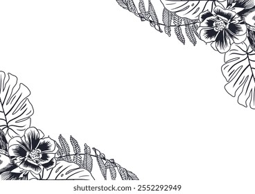 Floral tropical frame, ink corner. Monstera palm leaves, fern, flowers Hand drawn vector illustration in graphic style. For cards, invitations, labels