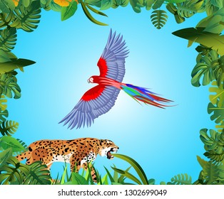 Floral tropical frame leopard walking, parrot flying exotic animals and birds jungle backgound vector jungle illustration
