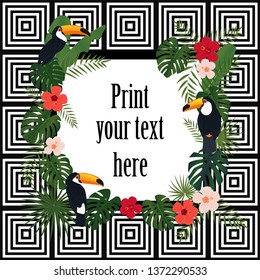 Floral tropical frame on abstract geometric background. Useful for textile print, invitation, summer sale ect.
