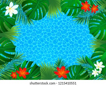 Floral tropical frame. vector exotic flowers illustration. background with jungle plants, palms leaves. sea texture. Horizontal border frame. beautiful tropic seascape. Summer vacation design