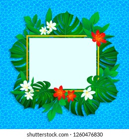 Floral tropical frame. vector exotic flowers illustration. background with jungle plants, palms leaves, sea texture. Tropic border frame. beautiful floral card. Summer,travel, vacation design.