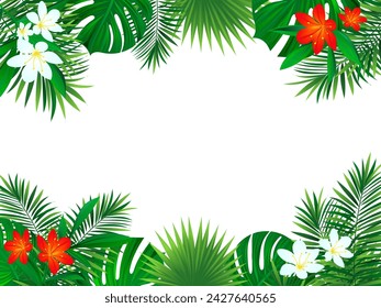 Marco tropical floral. ilustración vectorial de flores exóticas. fondo con plantas de la selva, hojas de palmeras de coco. Borde horizontal de la selva tropical. hermoso paisaje marino tropical. Diseño de vacaciones de verano
