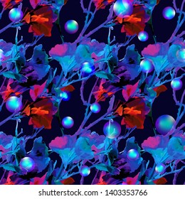 Floral Tropical Gingko Leaves background in neon colors, bright print for textile, cloth, wallpaper, scrapbooking, wrapping. fluorescent leaves with soap bubbles imagination.