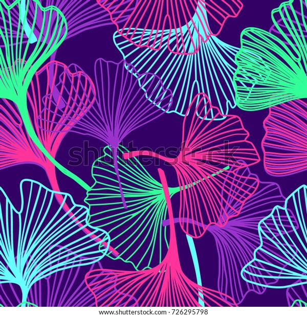 ネオン色の背景に花柄の熱帯のジンジャーの葉 繊維 布 壁紙 スクラップブック ラッピング用の明るい印刷物 ベクターシームレスパターン のベクター画像素材 ロイヤリティフリー