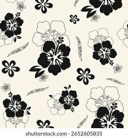 floral tropical havaiano padrão sem costura fundo com abstrato hibiscus flor. Fundo de creme, impressão criativa moderna. Preto e branco bonito papel de parede férias de verão bonito.