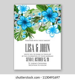 Floral tropical hibiscus wedding invitation card template Watercolor flowers peony anemone dahlia rose 