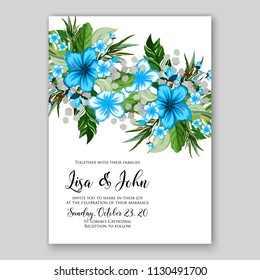 Floral tropical hibiscus wedding invitation card template Watercolor flowers peony anemone dahlia rose 