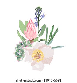Floral tropical illustration, Leaf and flowers. Botanic composition for wedding, greeting card. Branch of pink protea, peony flowers, and herbs. 