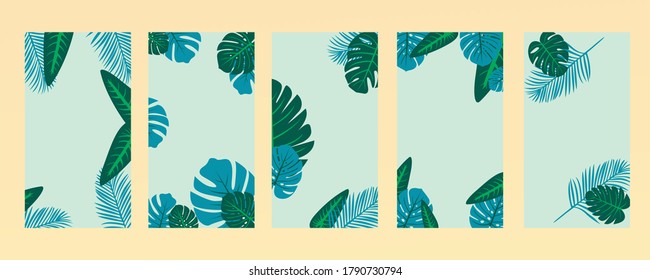 floral tropical leaves. Set of templates for banners, posters, cards, fliers, brochures, covers. Vector cartoon illustration. Summer background illustration vector design.