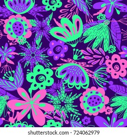 Floral Tropical neon colors, bright print. Vector boho seamless background